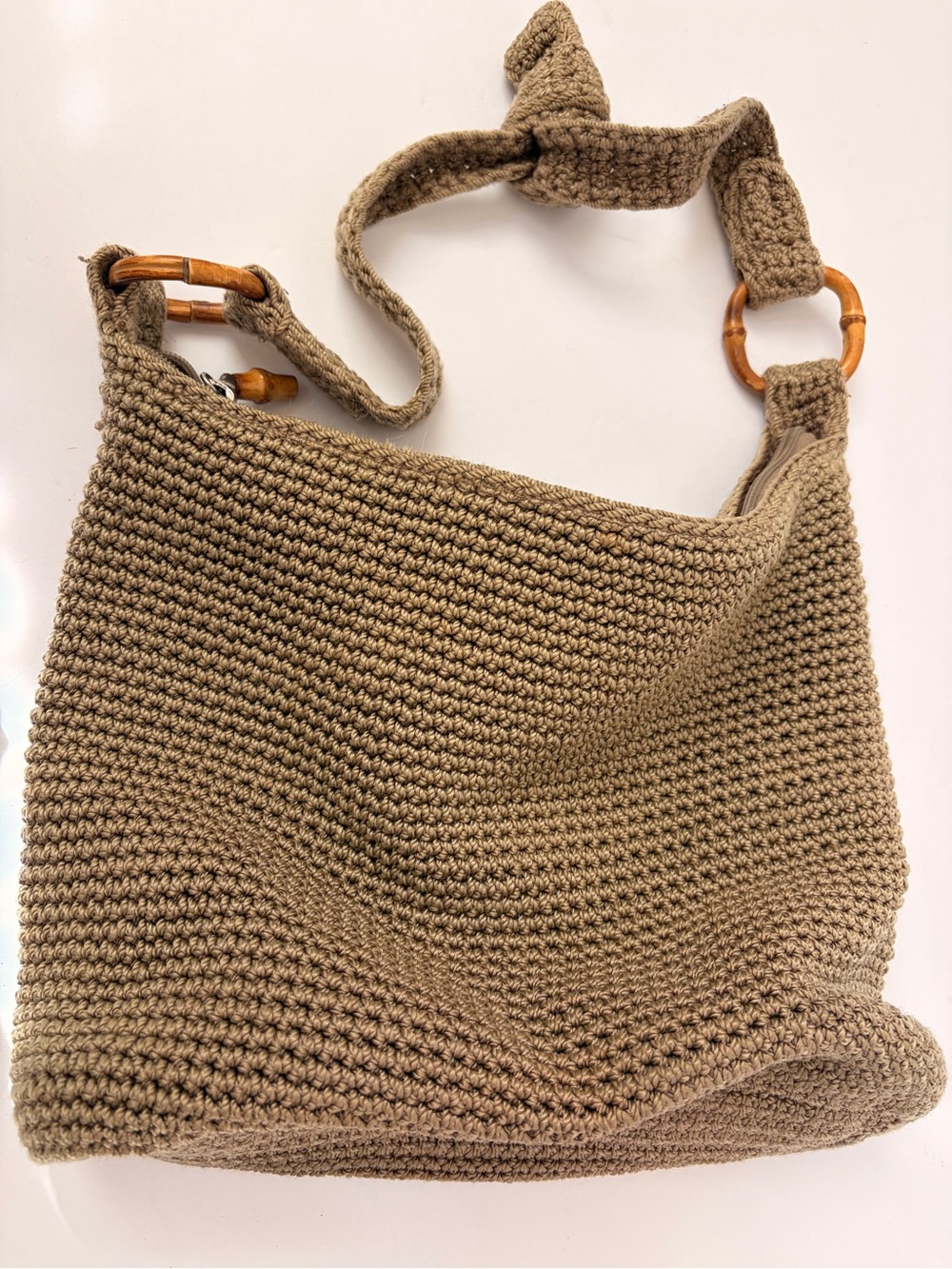The Sak Taupe Crochet Hobo Shoulder Bag with Bamboo Rings